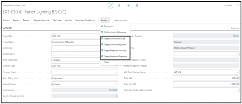 Creation of advance/retention - invoices and payments