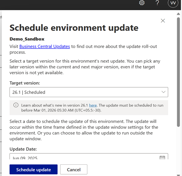 Screenshot of the Business Central Admin Center showing the update scheduling page with target version selection and the update window settings.