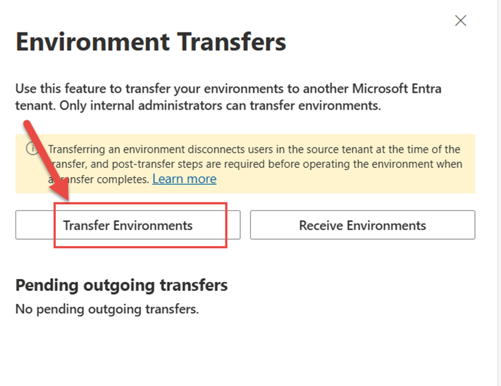 Interface prompting the user to log in to the source tenant’s Business Central Admin Center to initiate the environment transfer.