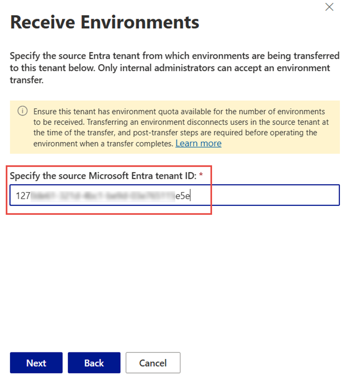 Business Central Admin Center screen prompting the user to enter the Entra tenant ID of the source tenant for accepting an environment transfer.