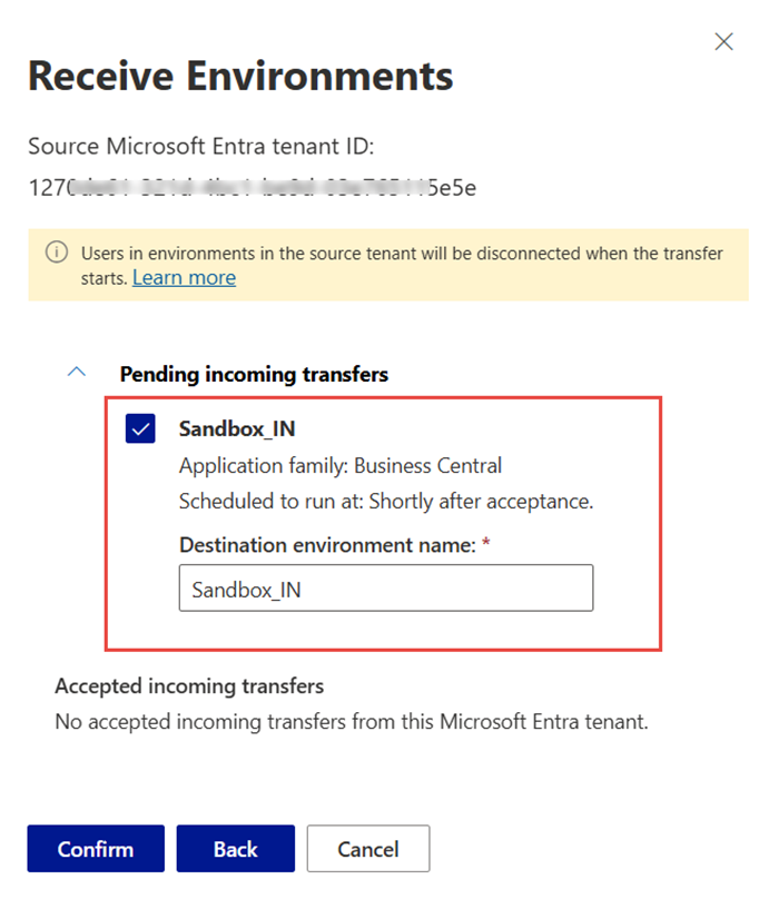 Microsoft Dynamics 365 Business Central interface highlighting a pending incoming environment transfer and the rename field for conflicting environment names.