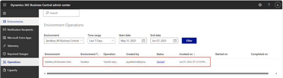 Business Central Admin Center showing environment transfer operations and audit logs with telemetry signals emitted to Application Insights.