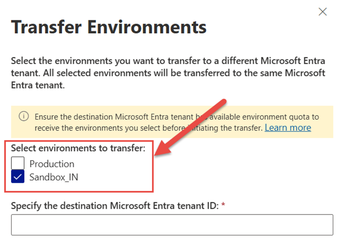 Admin Center screen displaying the Environment list and the Transfer Environments option, where a specific environment is chosen for transfer.