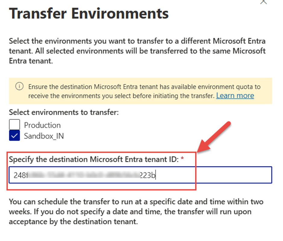 Business Central Admin Center form prompting the user to enter the destination tenant’s Entra ID during environment transfer setup.