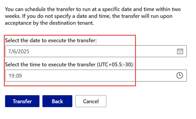 Business Central Admin Center screen showing scheduling options to select the transfer date and time for the environment.