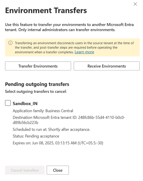 Business Central Admin Center screen showing the confirmation step for an environment transfer, with a view of pending outgoing transfer status