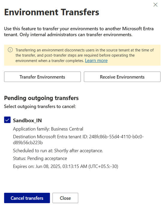 Business Central Admin Center showing the option to select an environment and cancel an active transfer request.
