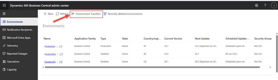 Sign-in page for Microsoft Dynamics 365 Business Central Admin Center showing user login fields for the destination tenant.