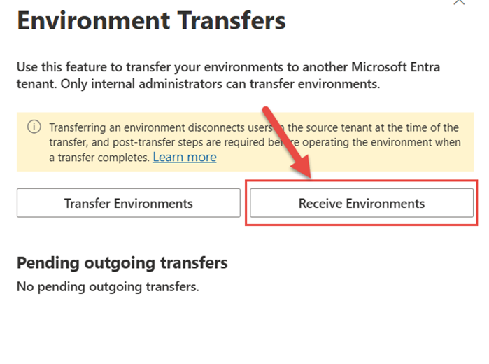 Business Central Admin Center menu highlighting Environments, Transfer Environments, and the Receive Environments option
