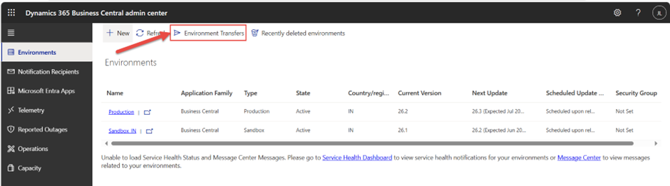 Microsoft Dynamics 365 Business Central Admin Center sign-in page showing user login fields for the source tenant