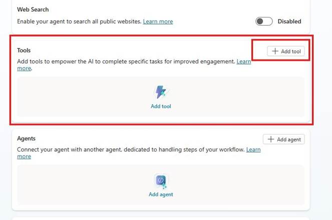 Copilot Studio interface highlighting the Tools option used to add and configure MCP for Business Central integration