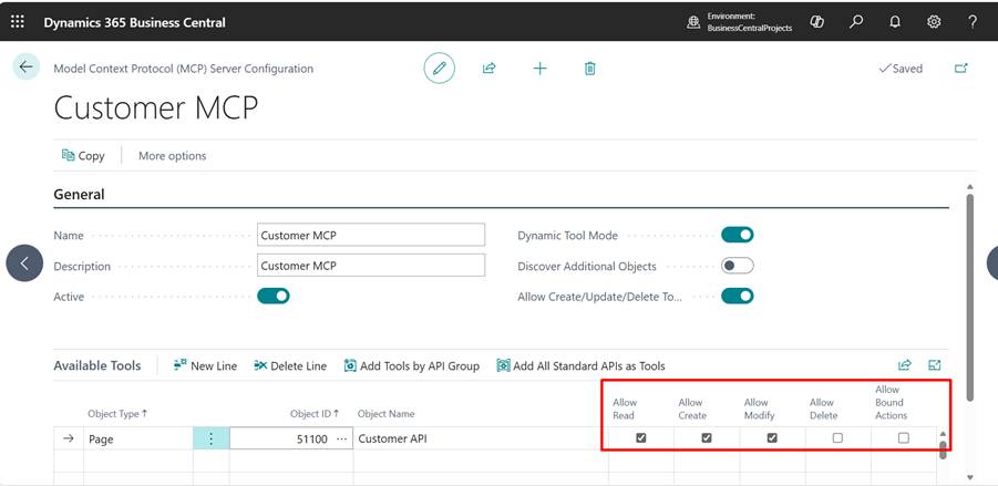 Custom API Page created for the Customer table in Microsoft Dynamics 365 Business Central, used to expose customer data for Model Context Protocol (MCP)