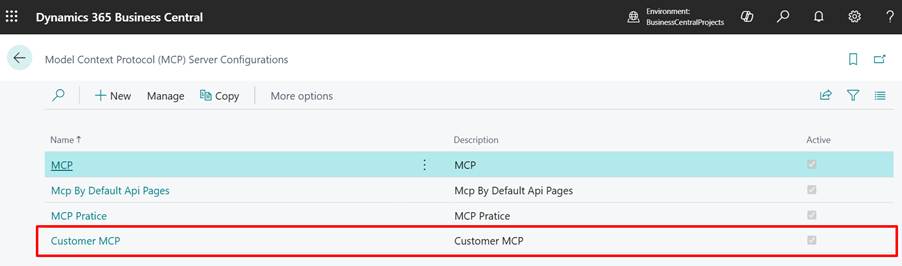 Customer Model Context Protocol (MCP) successfully created in Microsoft Dynamics 365 Business Central and ready for use