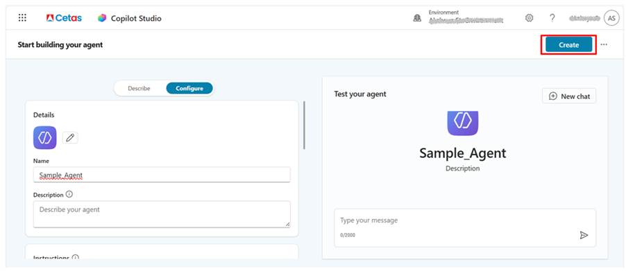 Entering the agent name and description in Microsoft Copilot Studio for Business Central MCP integration