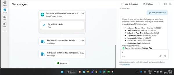 Copilot Studio agent successfully accessing and interacting with customer data from Microsoft Dynamics 365 Business Central using MCP