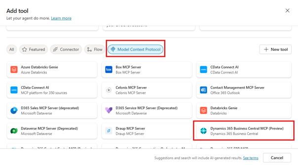 Adding Model Context Protocol (MCP) as a tool in Microsoft Copilot Studio and selecting Microsoft Dynamics 365 Business Central